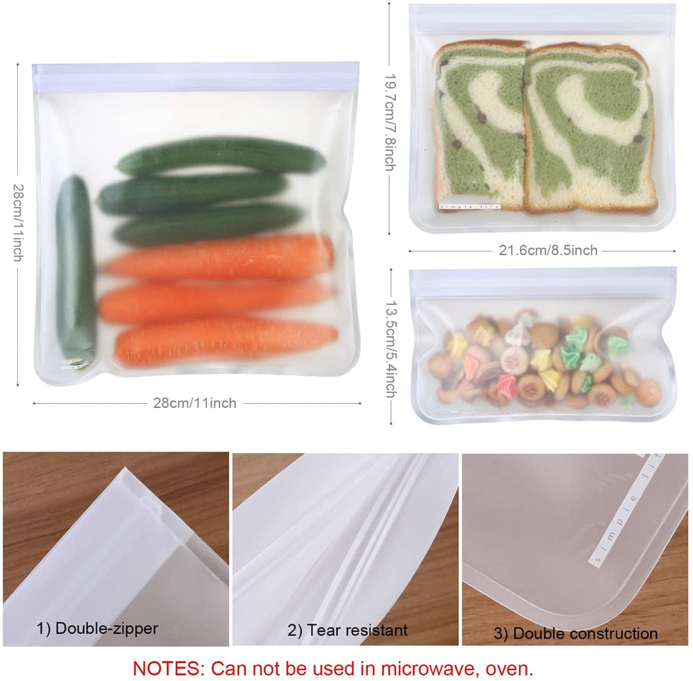 Reusable/leakproof silicone ziplock storage bags. Keeps all stored food fresh
