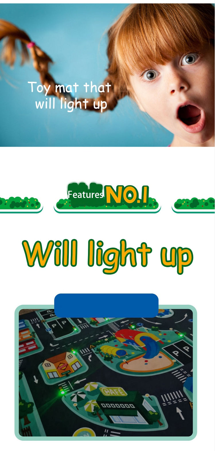 LED Anti-slip Kids Play Floor Mat. Pictures of Roads so Children Can Play Cars.