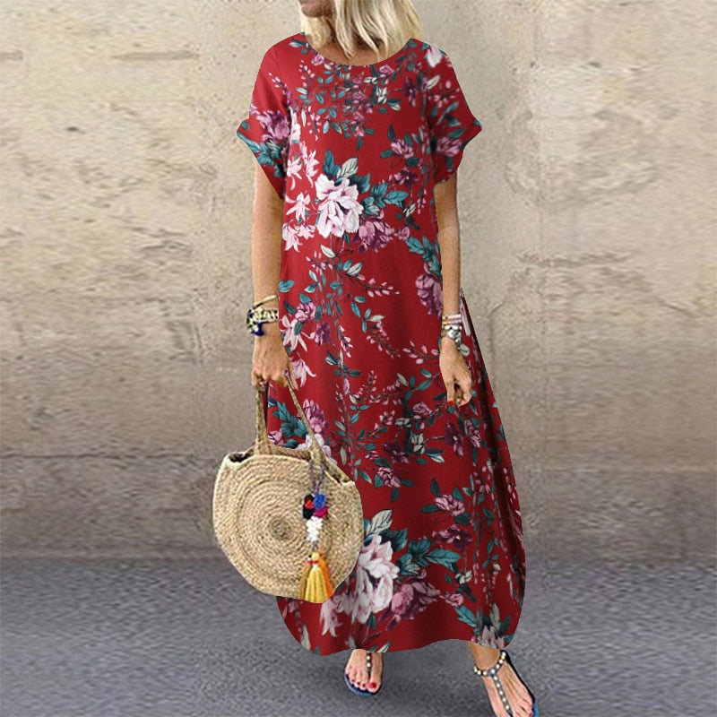 Women's ZANZEA Summer Bohemian Long, Short Sleeve Floral Print Sundress.