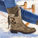 Women's winter/autumn flat heel boots with knitted patchwork.