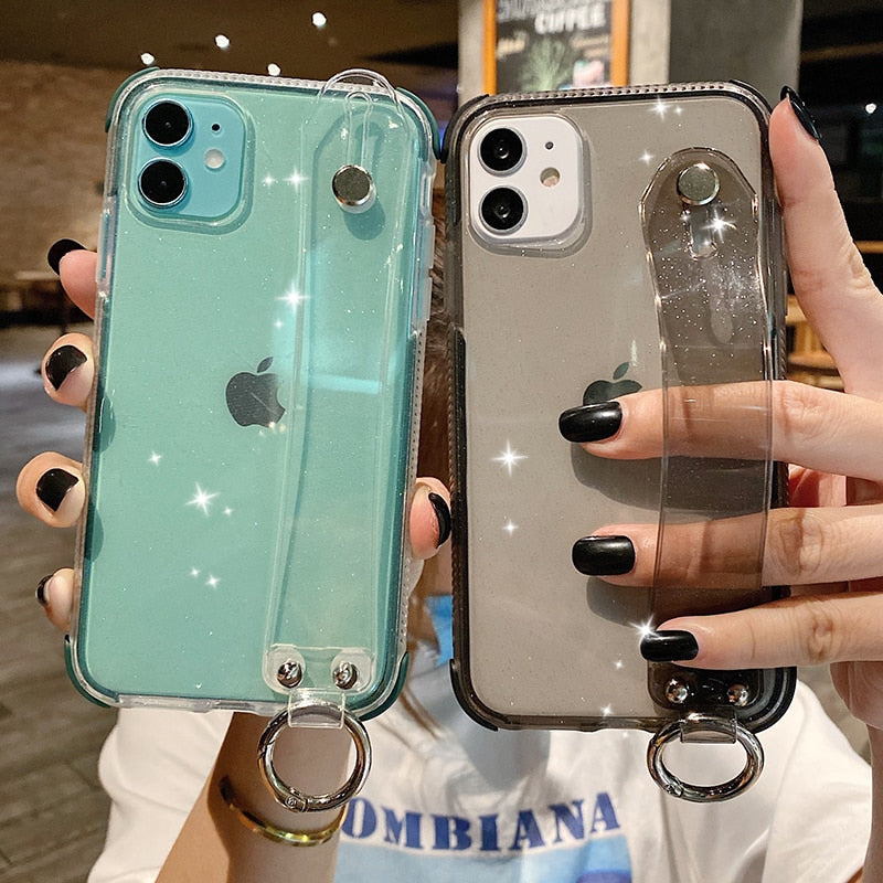 Glitter Powder Case For iPhone 12 13 11 X XR XS Max 7 8 Plus Transparent Soft TPU Wrist Strap & Shockproof Back.