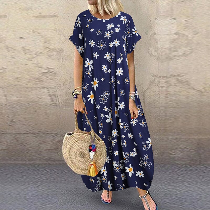 Women's ZANZEA Summer Bohemian Long, Short Sleeve Floral Print Sundress.