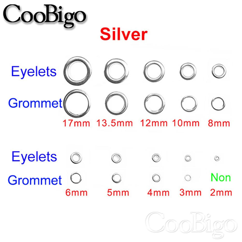 100/Set Metal Eyelet Grommet Rings Sizes 2mm 3mm 4mm 5mm 6mm 8mm 10mm 12mm 14mm 17mm