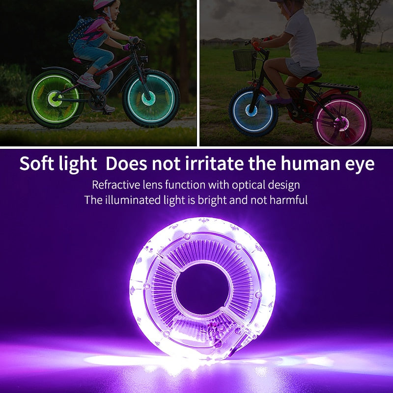 Smart rechargeable LED Bicycle Wheel Light. 7 colors with 18 changeable modes attaches to the hub.