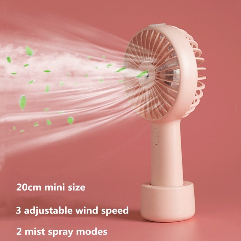 USB Rechargeable Handheld Mini cooling fan with water spray mist.