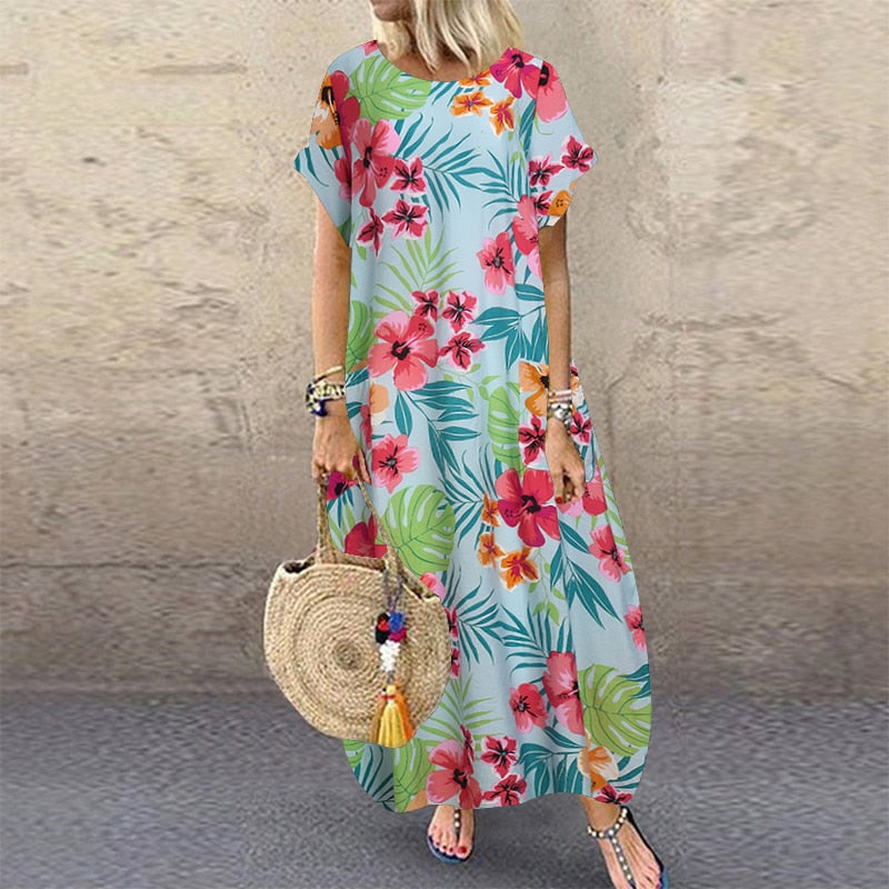 Women's ZANZEA Summer Bohemian Long, Short Sleeve Floral Print Sundress.