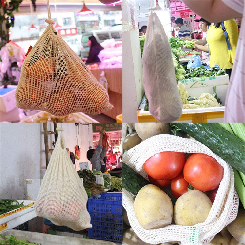 Reusable Cotton Mesh Produce Bags for Vegetables/ Fruit.