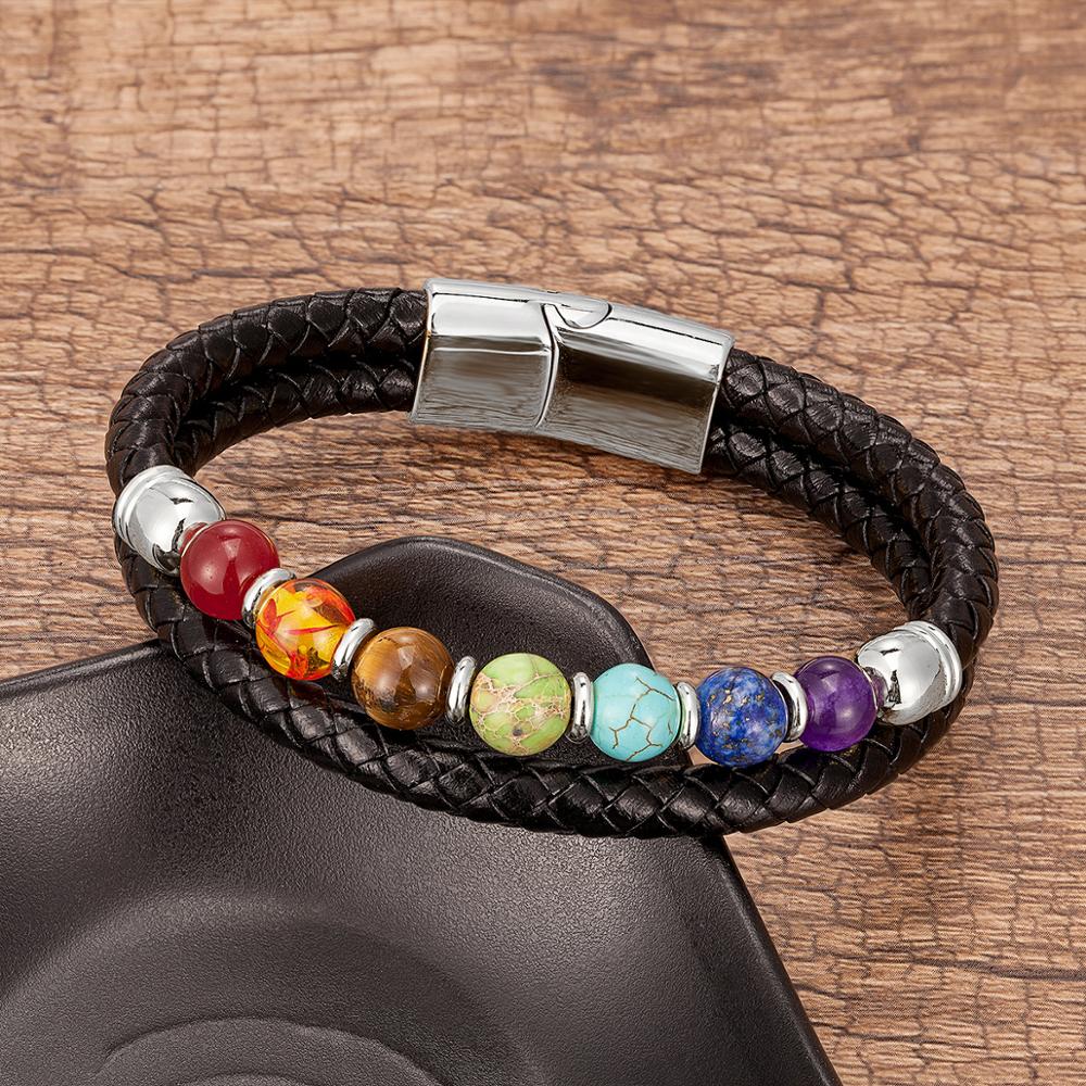 Genuine Black Leather Chakra Men's Bracelet With 7 Color Natural Yoga Healing Beads.