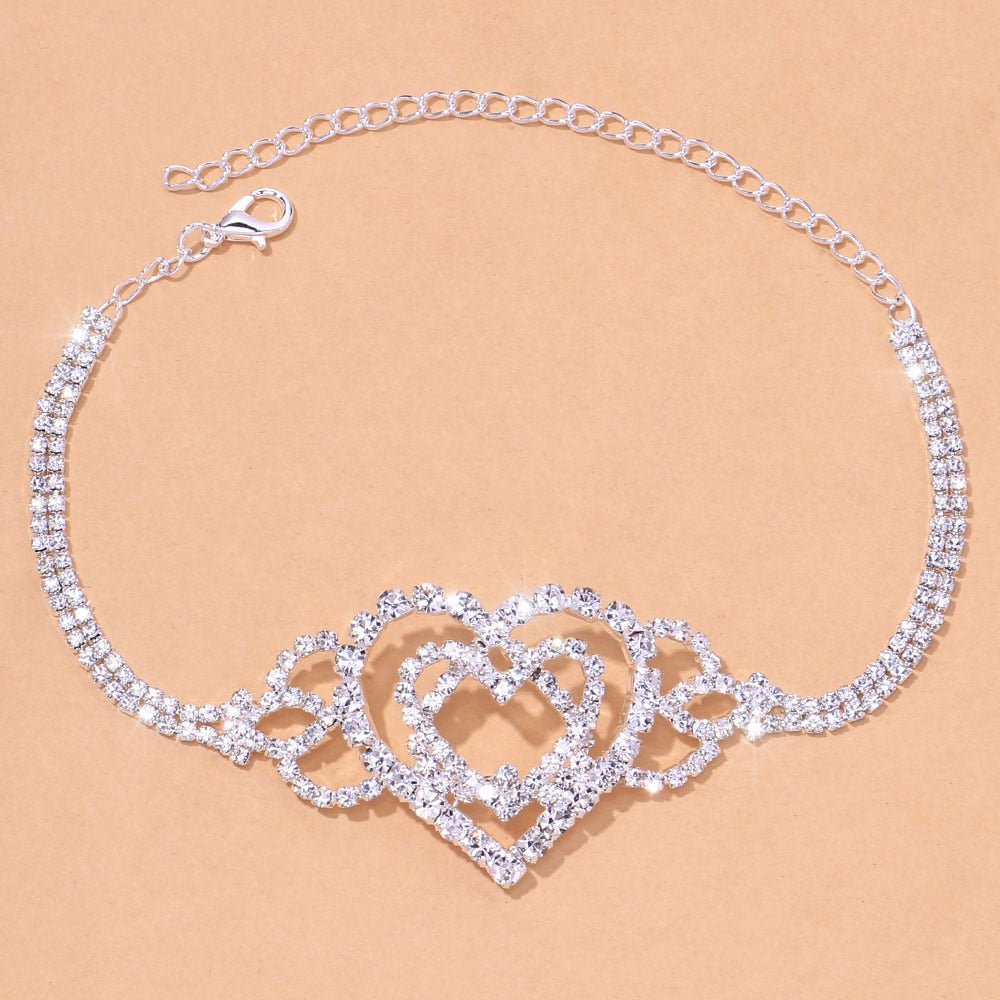 Double Heart Rhinestone Anklet.