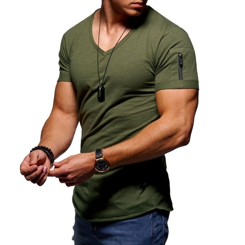 Men's fitness cotton V-neck t-shirt. short-sleeved with a zipper opening.