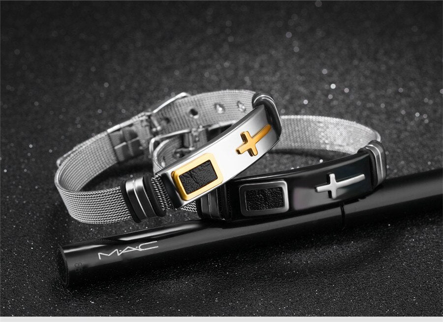 XQNI Stainless Steel Cross Bangle With Mesh Strap.