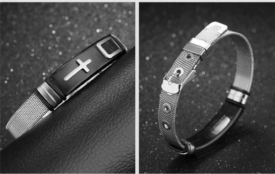 XQNI Stainless Steel Cross Bangle With Mesh Strap.
