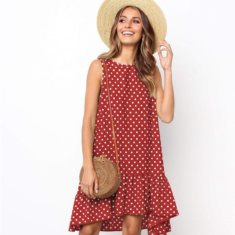 Lossky Women's Polka Dot Chiffon Sleeveless Beach Min Summer Dress.