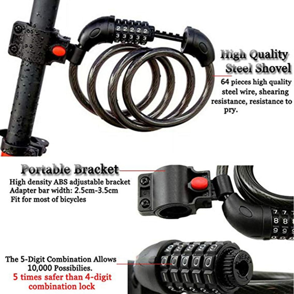 Bike Lock 1000 mm x 12 mm Steel Cable With 5 Digit Code Combination.