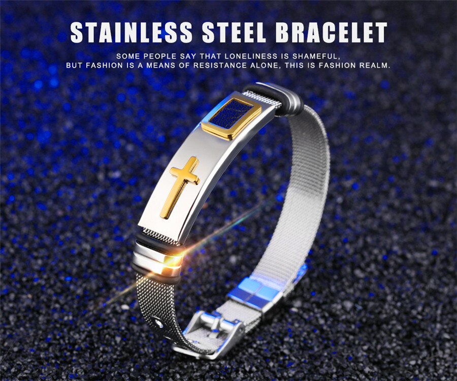 XQNI Stainless Steel Cross Bangle With Mesh Strap.