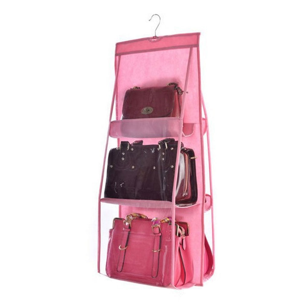 6 Pocket Hanging Handbag/shoe organizer with hanger.  Can be hung in a closet or on a door.
