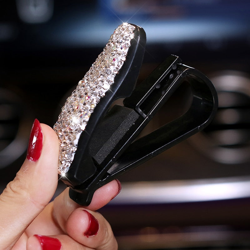 1X Car Vehicle Sun Visor Sunglasses Eyeglasses Glasses Holder ABS Clip Credit Card Package ID Storage Bag with Diamond Hand-Made