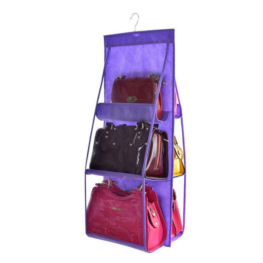 6 Pocket Hanging Handbag/shoe organizer with hanger.  Can be hung in a closet or on a door.