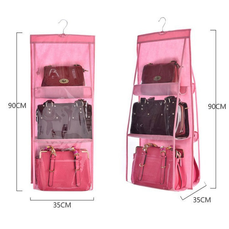 6 Pocket Hanging Handbag/shoe organizer with hanger.  Can be hung in a closet or on a door.