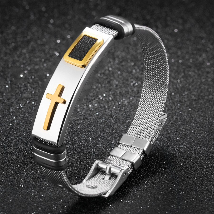 XQNI Stainless Steel Cross Bangle With Mesh Strap.