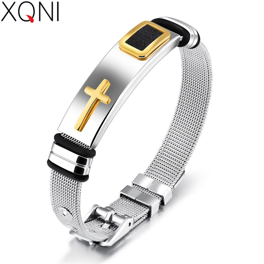 XQNI Stainless Steel Cross Bangle With Mesh Strap.