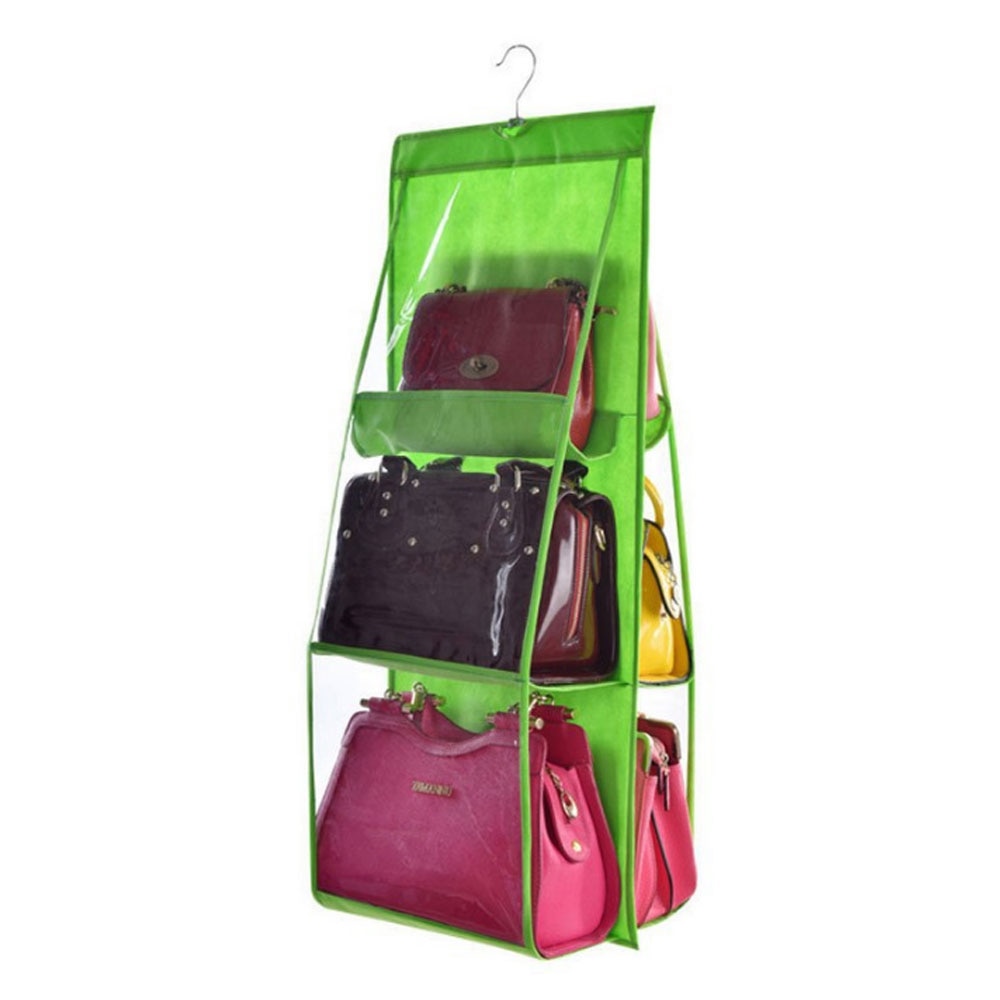 6 Pocket Hanging Handbag/shoe organizer with hanger.  Can be hung in a closet or on a door.
