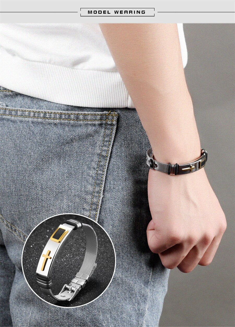 XQNI Stainless Steel Cross Bangle With Mesh Strap.