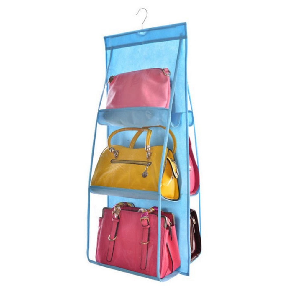 6 Pocket Hanging Handbag/shoe organizer with hanger.  Can be hung in a closet or on a door.