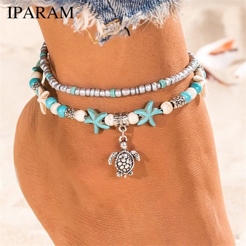 IPARAM Bobo Retro Bohemia Round Rune Starfish Anklet Pull Bead Bracelet.