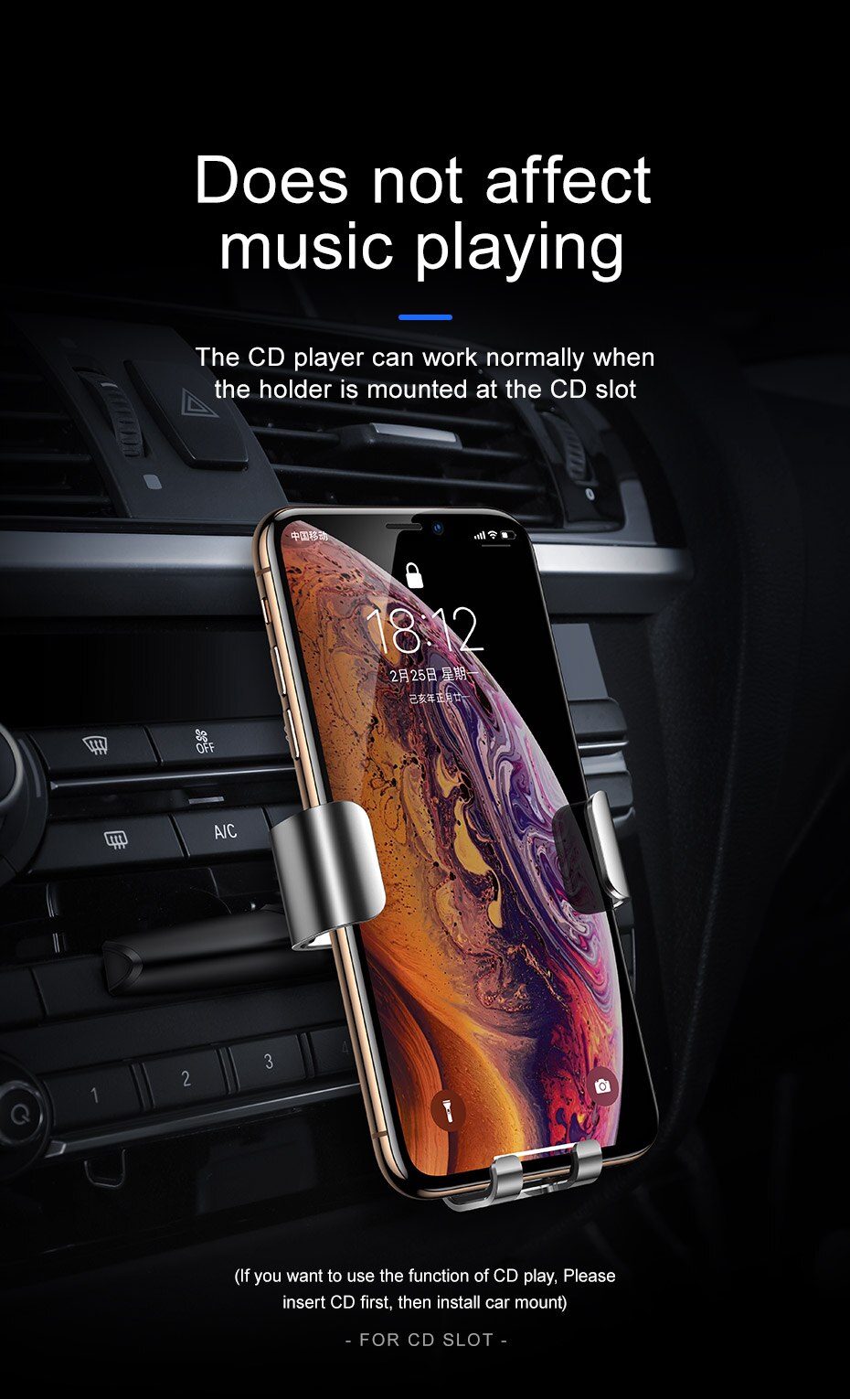 Car cell phone holder mounts in the CD player Suitable for iphones and Samsung mobiles.