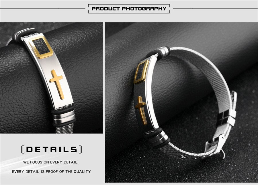 XQNI Stainless Steel Cross Bangle With Mesh Strap.