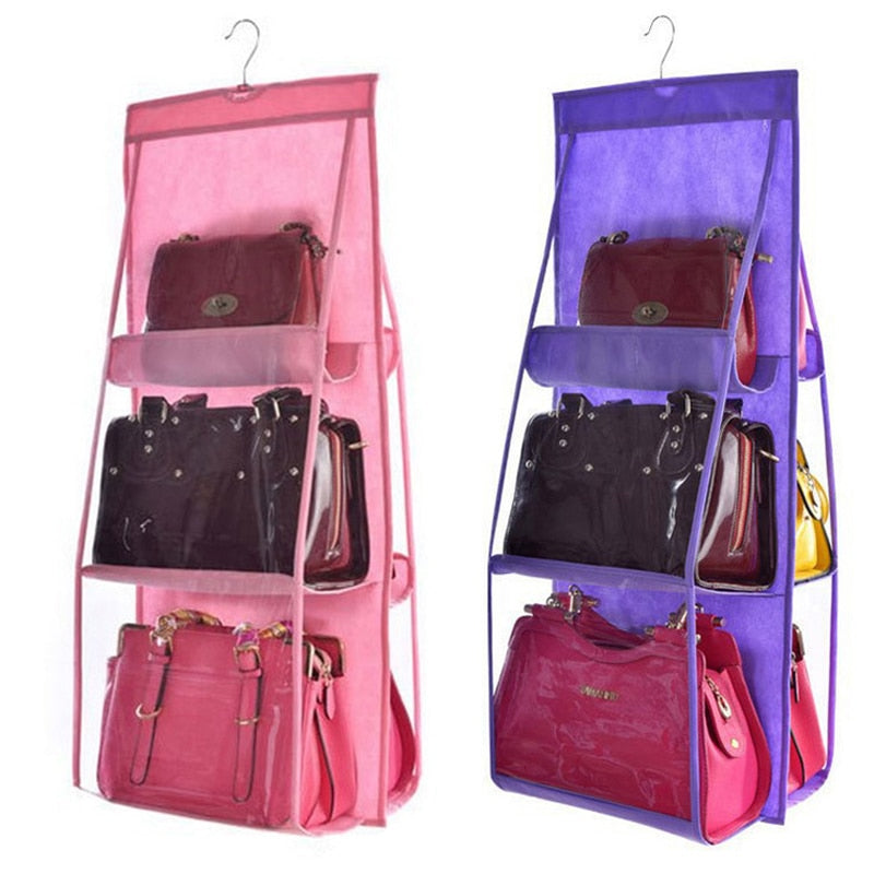 6 Pocket Hanging Handbag/shoe organizer with hanger.  Can be hung in a closet or on a door.