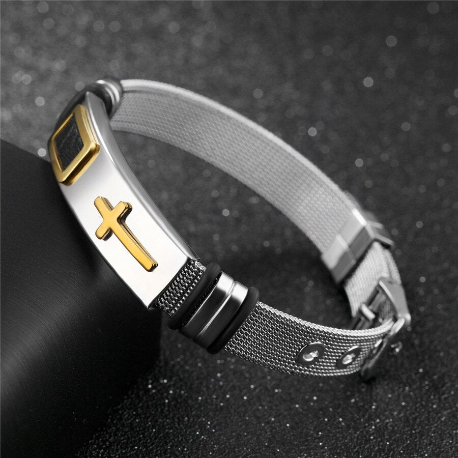 XQNI Stainless Steel Cross Bangle With Mesh Strap.