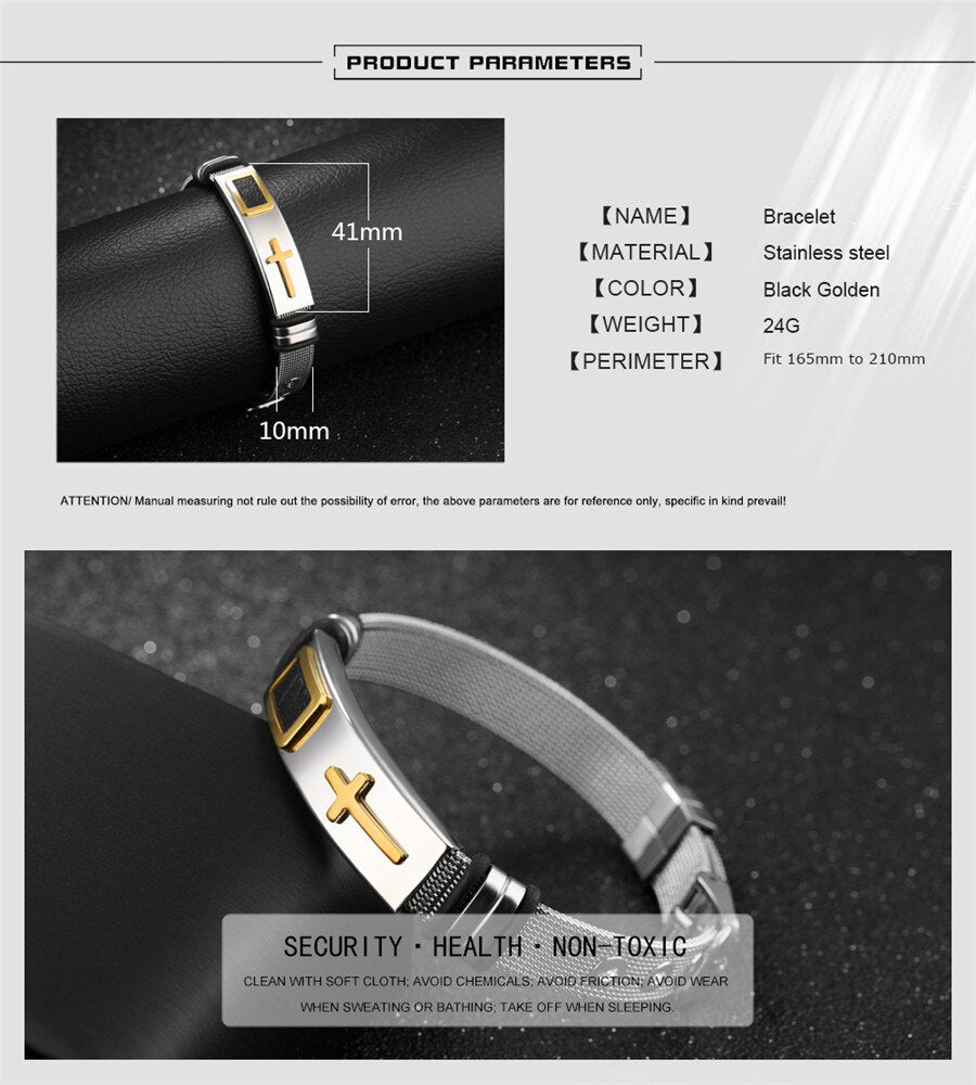 XQNI Stainless Steel Cross Bangle With Mesh Strap.