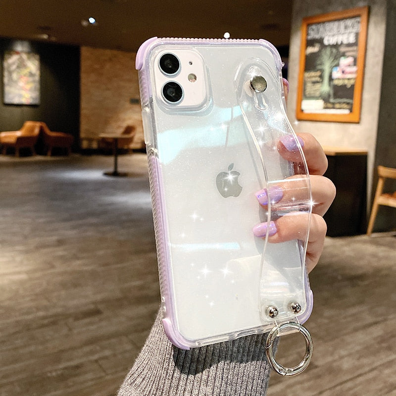 Glitter Powder Case For iPhone 12 13 11 X XR XS Max 7 8 Plus Transparent Soft TPU Wrist Strap & Shockproof Back.