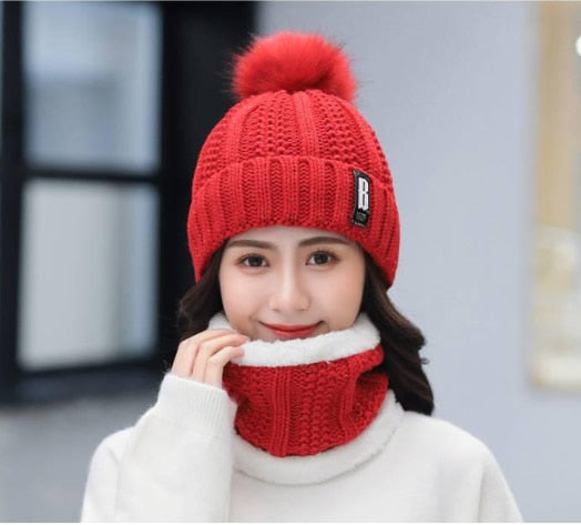 Women Wool Knitted Ski Hat. Warm, thick scarf to protect you from winter winds.