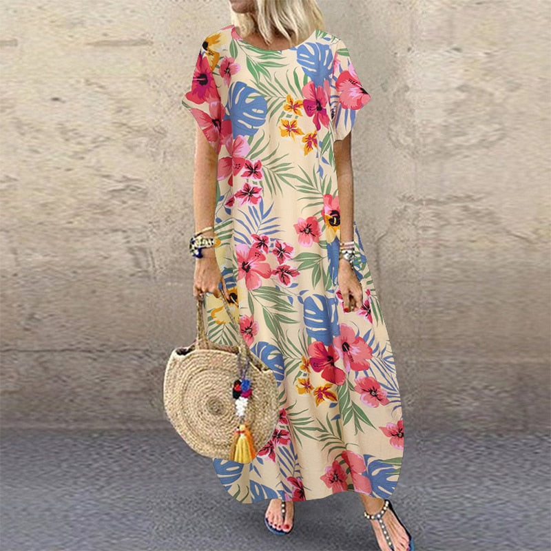 Women's ZANZEA Summer Bohemian Long, Short Sleeve Floral Print Sundress.