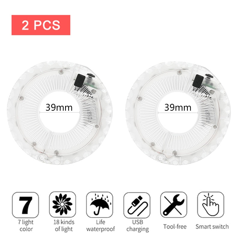 Smart rechargeable LED Bicycle Wheel Light. 7 colors with 18 changeable modes attaches to the hub.