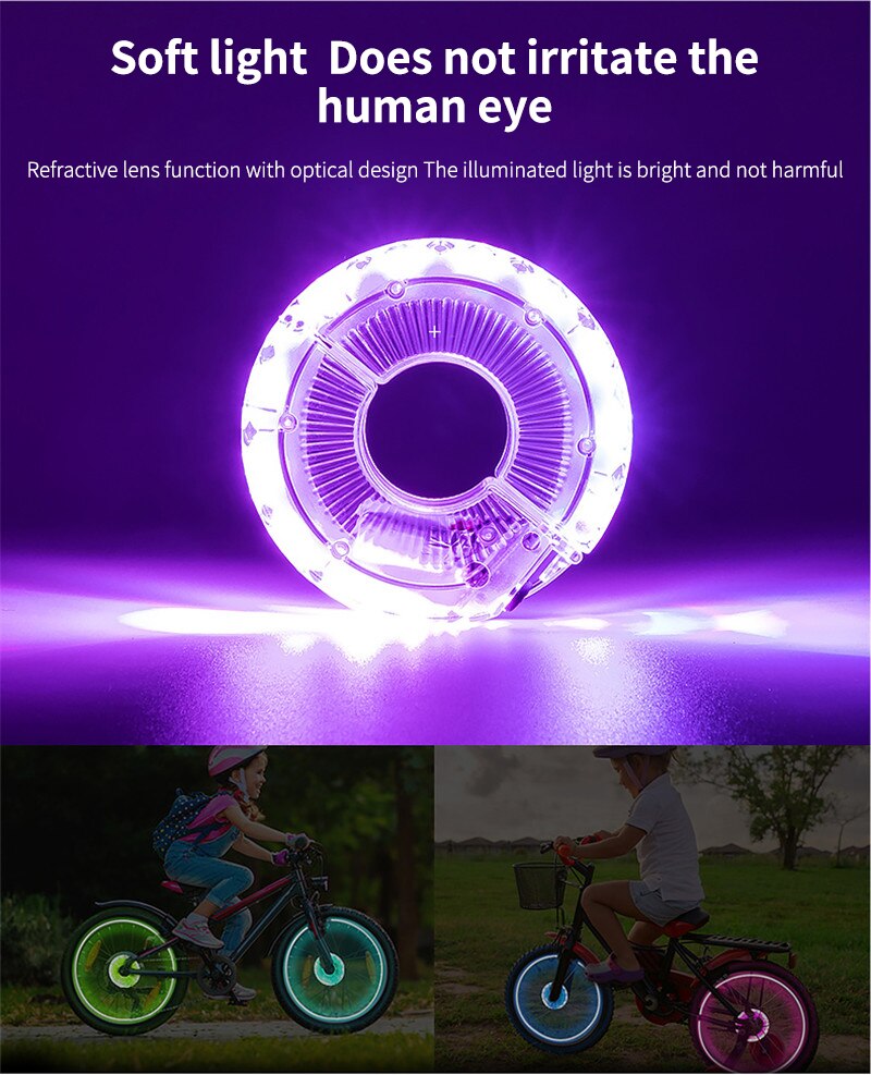 Smart rechargeable LED Bicycle Wheel Light. 7 colors with 18 changeable modes attaches to the hub.