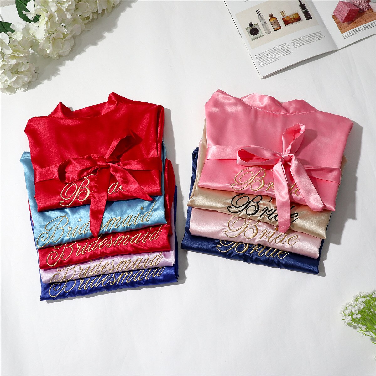 Short satin embroidered Bride and Bridesmaid bathrobe.