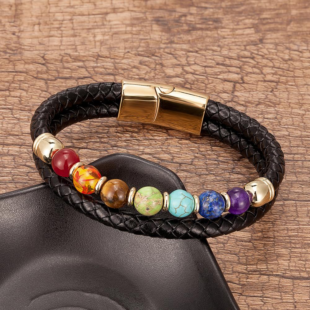 Genuine Black Leather Chakra Men's Bracelet With 7 Color Natural Yoga Healing Beads.