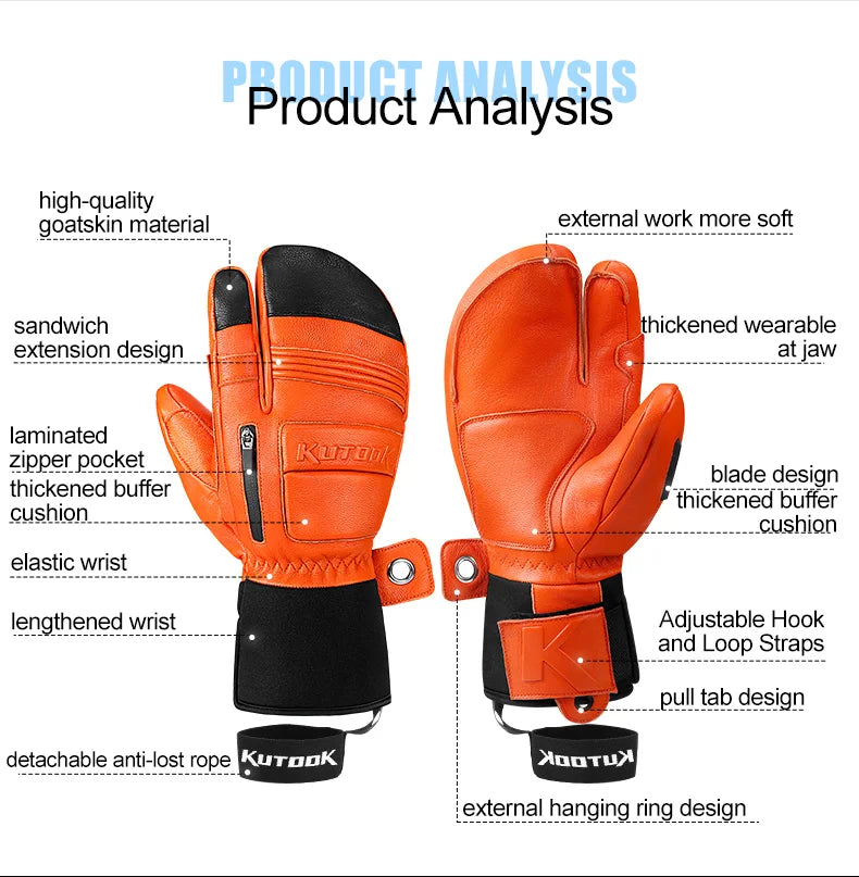 KUTOOK Men's Goatskin Leather Waterproof Thermal Gloves