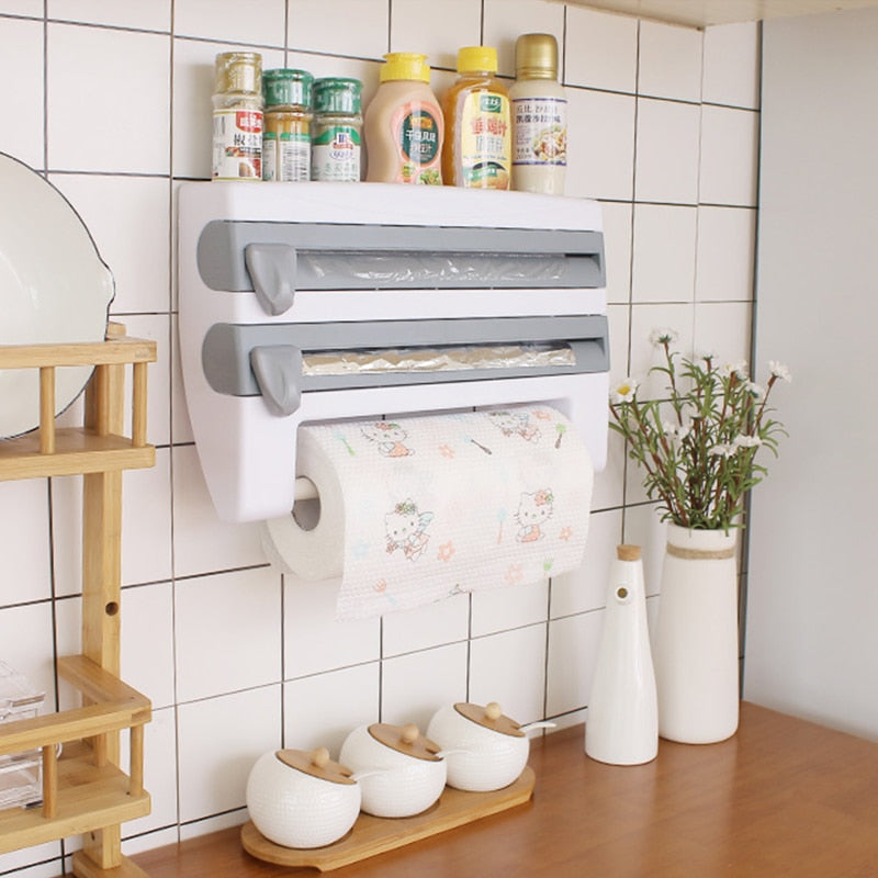 cutter Wall-Mount Paper Towel/Plastic Film Holder With A Shelf For Sauces OR Spices.