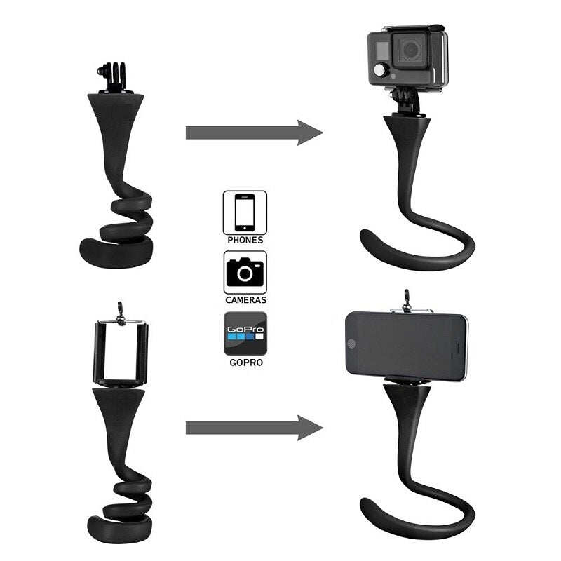 Flexible Camera Tripod Mount and Selfie Stick for Gopro Action Camera and Smartphone.