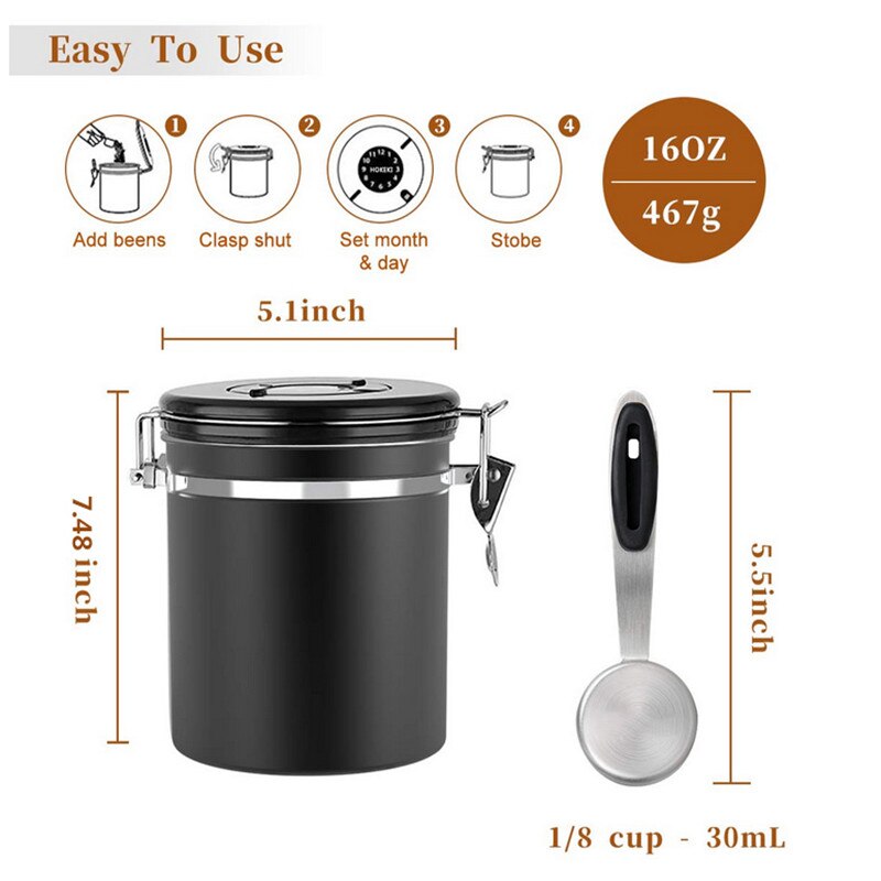 Stainless Steel Sealed Storage Jar. Moisture-proof to store Coffee Beans, Milk Powder, OR Grains.
