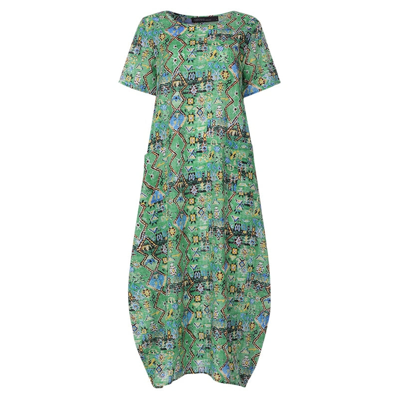 Women's ZANZEA Summer Bohemian Long, Short Sleeve Floral Print Sundress.