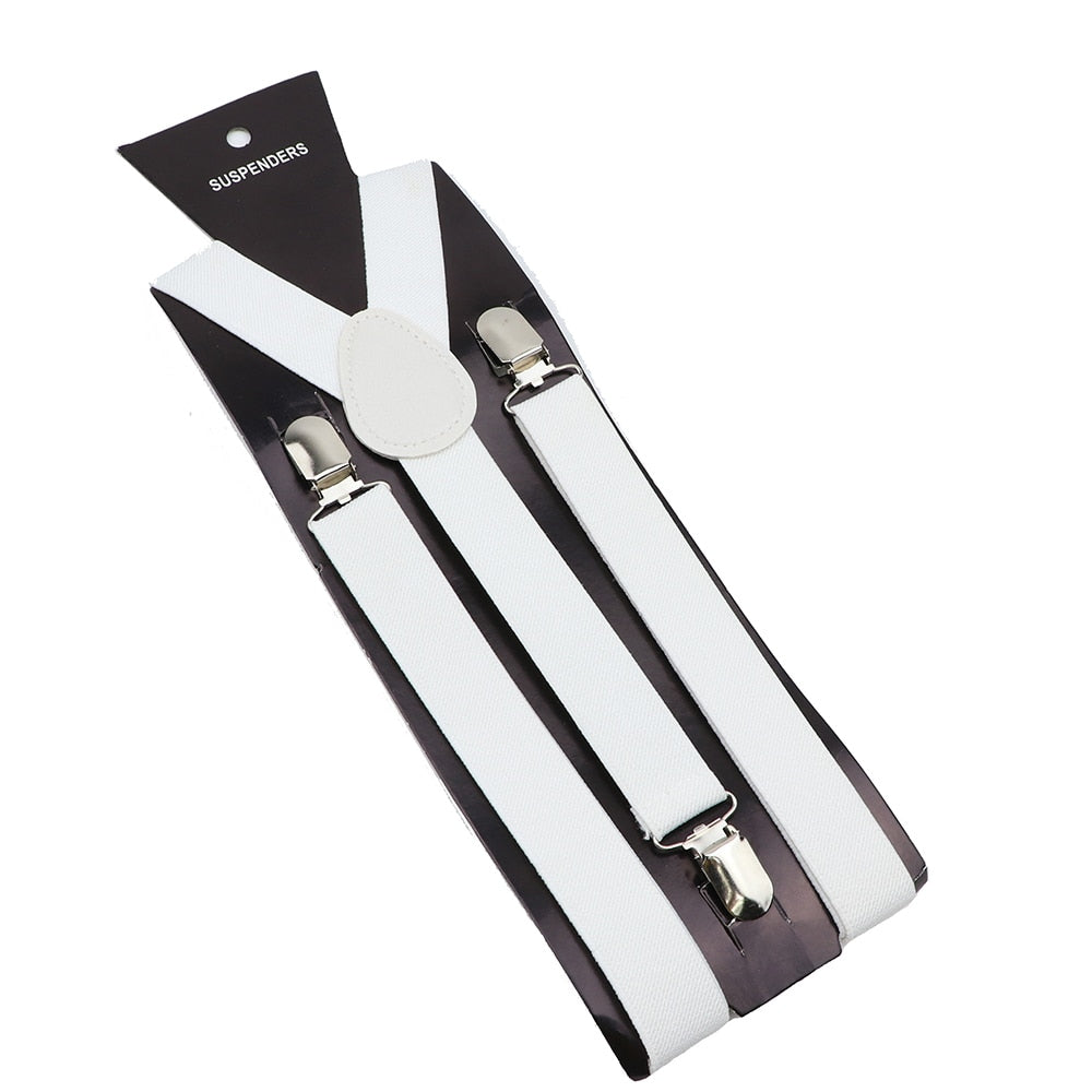 Leather Suspenders With Elastic Adjustable Straps. Comes in a variety of solid Colors.