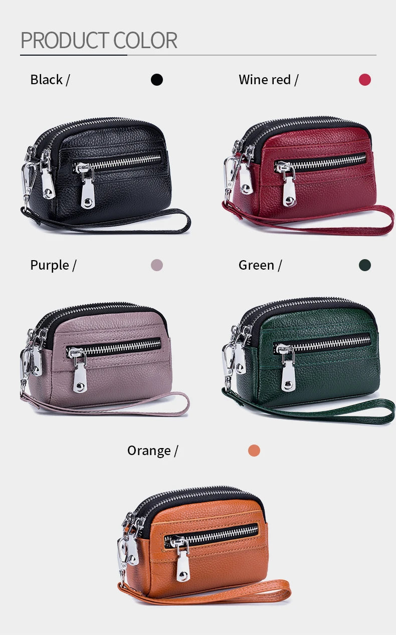 Women's Genuine Leather Double Zipper Purse