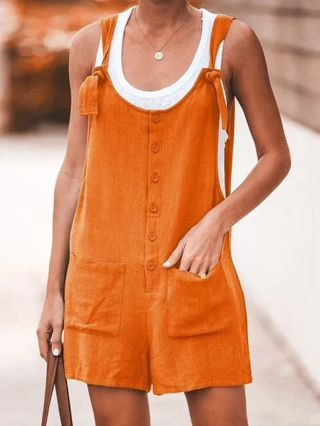 Women's Sleeveless Cotton and linen Overall Romper With Wide Legs. e