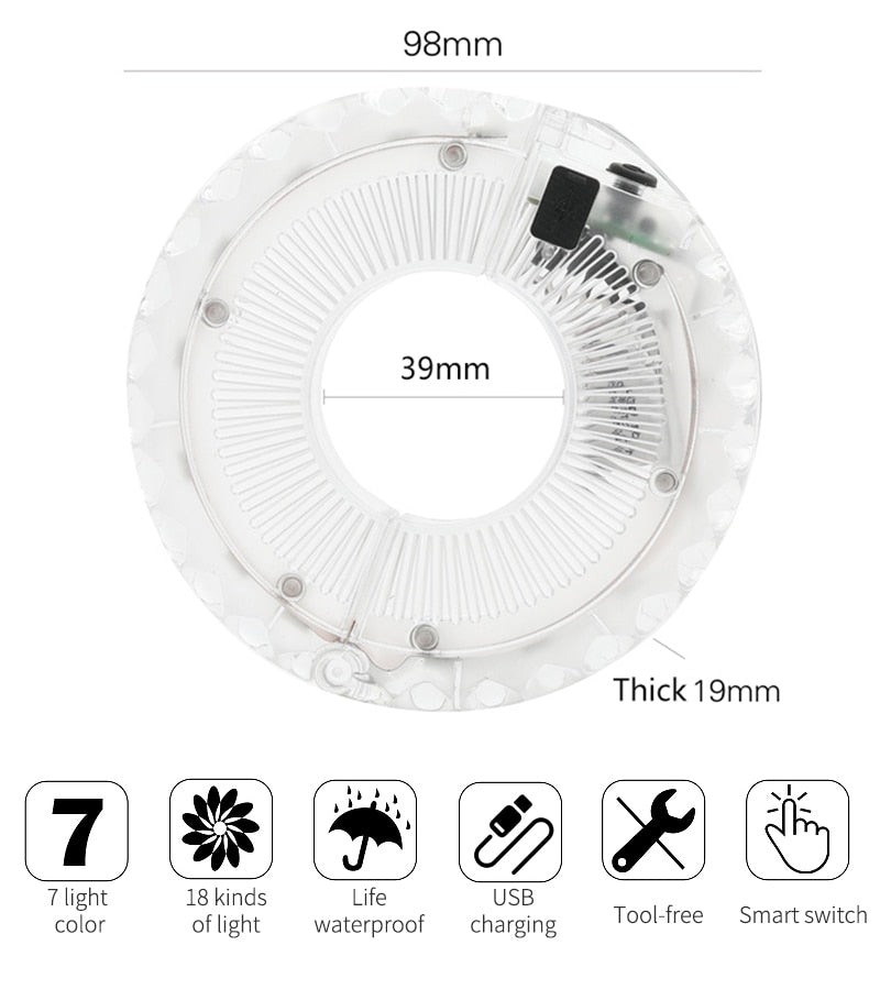 Smart rechargeable LED Bicycle Wheel Light. 7 colors with 18 changeable modes attaches to the hub.